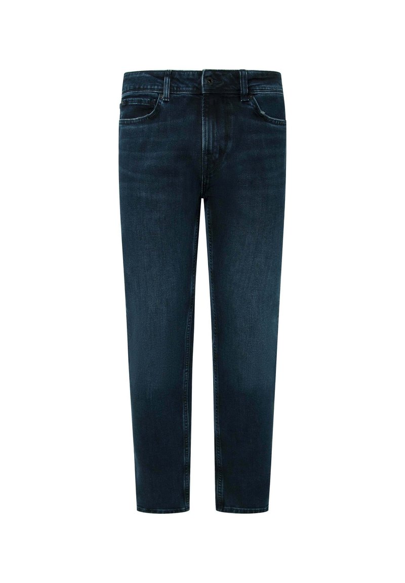 Vaqueros azul oscuro con un diseño de pierna recta, hechos de tejido de mezclilla. Presenta cinco bolsillos y un cierre frontal de botón. Textura suave.