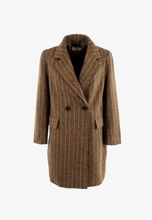 Abrigo de patrón de espiga marrón con diseño de doble botonadura, solapas con muesca, dos bolsillos frontales y un corte relajado.
