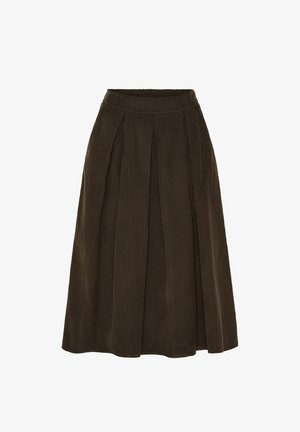 Brun plisseret nederdel lavet af letvægtigt stof, med elastisk talje og falder lige under knæet med en glat tekstur.