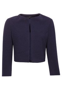 Giacca corta blu navy con maniche lunghe, scollo rotondo, apertura frontale, realizzata in tessuto strutturato, design minimalista, senza chiusure o decorazioni.