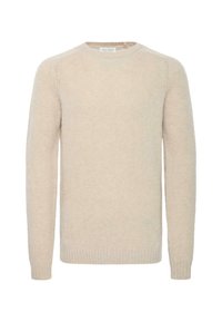 Suéter de punto beige hecho de material suave, con cuello redondo, mangas largas y dobladillo y puños acanalados. Diseño simple y texturizado.