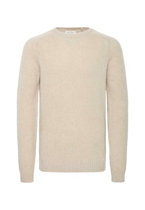 Beige ja huntitud kampsun, mis on valmistatud pehmest materjalist, omab ümarat kaelust, pikki varrukaid ning ribaga ääristust all ja varrukatel. Lihtne, tekstuuriga disain.