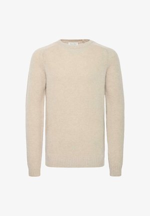 Beige striktrøje lavet af blødt materiale, med rund hals, lange ærmer samt ribbet kant og manchetter. Enkel, tekstureret design.