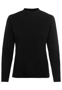 Musta pitkähiha-paita pyöreällä pääntiellä, tehty sileästä kankaasta. Siinä on vartalonmyötäinen leikkaus ja hillitty muotoilu ilman kuvioita tai koristeluja.