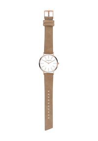 Montre ronde avec un cadran blanc, des accents en or rose et un bracelet en cuir beige. Caractéristiques d'index horaires simples et d'une boucle ardillon.