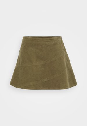 Olive green corduroy skirt, A-line shape, textured fabric, features a smooth waistband and seam details.