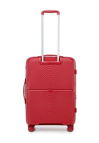 Valigia rigida rossa con una texture ondulata, maniglia in alluminio, quattro ruote e un design compatto adatto per i viaggi.