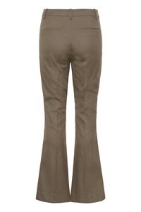 Καφέ παντελόνι καμπάνα με ομαλή υφή, με μέσης ανύψωσης ζώνη και δύο πίσω τσέπες. Κα θαρός, ραμμένος σχεδιασμός χωρίς διακοσμήσεις.