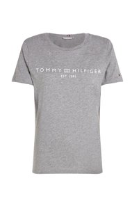 Šedé bavlnené tričko s krátkymi rukávmi a okrúhlym výstrihom, s bielym logom "TOMMY HILFIGER EST. 1985" napísaným cez prsia.