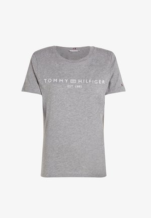 T-shirt en coton gris à manches courtes, col rond, avec le logo "TOMMY HILFIGER EST. 1985" en blanc sur la poitrine.