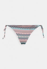 Parte de baixo de biquíni com laços laterais ajustáveis. Apresenta um padrão geométrico em rosa, teal e azul escuro. Textura de tecido suave.