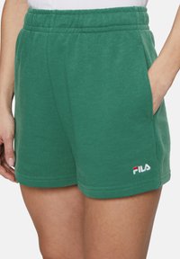 Shorts in cotone verde con vita elastica, tasche laterali e un piccolo logo FILA ricamato in basso a sinistra. Tessuto morbido.