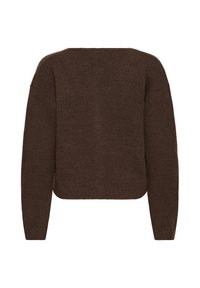 Pull en maille marron foncé à manches longues vu de dos, avec ourlet droit et poignets et taille côtelés. Aucun motif ni fermeture visible.