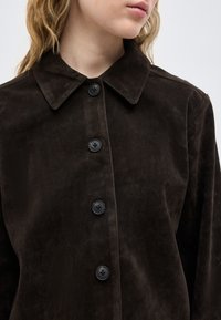 Κοντινό πλάνο ατόμου που φοράει σκουρό καφέ σουέντ παλτό με κουμπιά και μεγάλο γιακά, γυρισμένο προφίλ, απέναντι σε απλό φόντο.