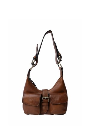 Brown leather shoulder bag with two front pockets, a buckle strap in the center, and metal rings connecting the adjustable shoulder strap.