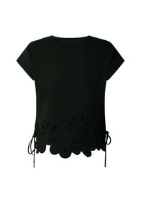 Zwart topje met korte mouwen en een ronde halslijn, met bloemmotief uitsnijdingen aan de zoom en zijsstrikjes voor een verstelbare pasvorm.