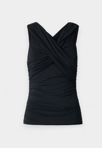 Mustaton hihaton paita, joka on ristikkäissuunnittelulla, rypytetyllä pinnalla, vartalonmyötäisellä muodolla ja sileällä kankaalla. Ei näkyviä varusteita tai koristeita.