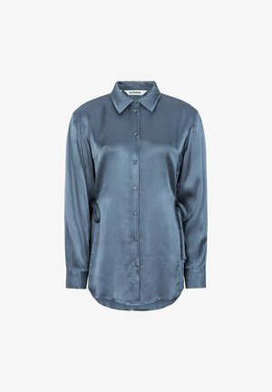 Satinhemd in Dunkelblau mit klassischem Kragen, langen Ärmeln, Knopfleiste und seitlichen Schlitzen am Saum für eine lockere Passform.