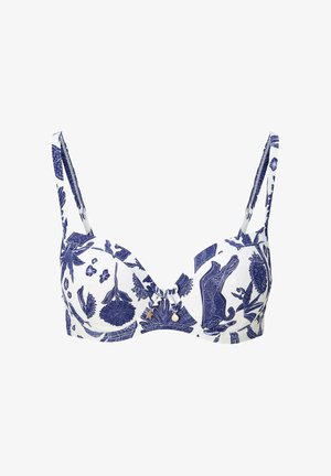 Weißer BH mit marineblauem botanischem und tierischem Muster, ausgestattet mit Bügelcups, verstellbaren Schulterträgern und kleinen dekorativen Anhängern in der Mitte.