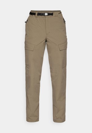 Pantaloni cargo khaki con una finitura testurizzata, dotati di cintura, tasche laterali e design a gamba dritta. Realizzati in tessuto resistente.