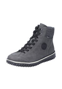 Bottes grises en cuir montantes avec lacets noirs, col en tissu gris texturé, garniture blanche et semelle en caoutchouc avec une adhérence à motifs.