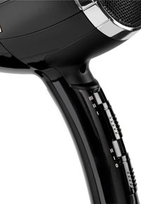 Black hair dryer handle with control switches set to off and a close-up of the air intake grill with metallic trim.