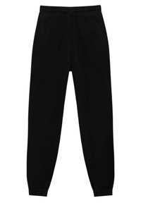 Pantalon de jogging noir avec taille élastique, cordon de serrage, poches latérales et poignets élastiques aux chevilles.