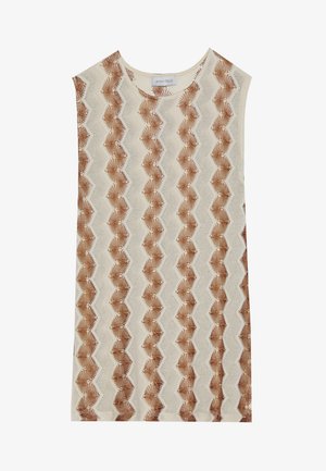 Strickoberteil mit rundem Halsausschnitt, das ein Zickzack-Muster in Braun und Creme zeigt. Weicher Stoff mit ärmellosem Design und lockerer Passform.