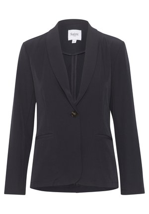 Černý blazer s klopovým límcem, jedním knoflíkovým zapínáním, dvěma předními kapsami a dlouhými rukávy. Hladká tkanina s přiléhavým střihem.