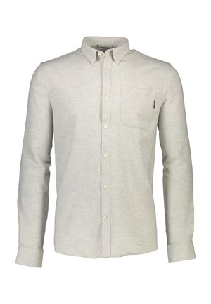 Chemise à manches longues gris clair, boutonnée, en tissu doux. Elle possède un col boutonné, une poche frontale et un détail logo subtil.