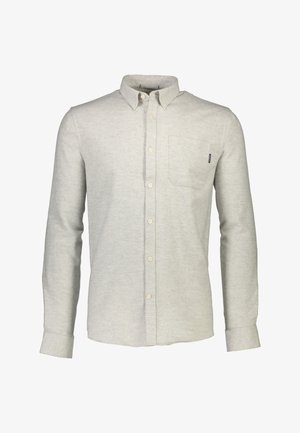 Helles graues Langarm-Hemd aus weichem Stoff. Verfügt über einen Button-Down-Kragen, eine Brusttasche und dezente Logodetails.