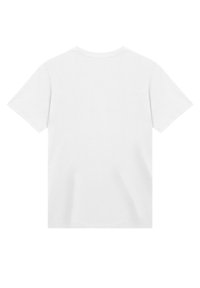 Weißes Baumwoll-T-Shirt mit kurzen Ärmeln, runder Ausschnitt und einem schlichten Rückendesign. Glatte Textur und keine sichtbaren Muster oder Akzente.
