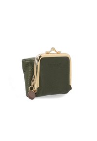 Green leather coin purse with a gold clasp and hardware. Features a textured surface and a small decorative charm attached.