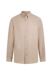 Beige lange mouw knoopshirt gemaakt van geweven stof, met een klassieke kraag, een borstzak en subtiele logo borduursel.