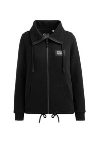 Black zip-up hoodie made from soft fabric, featuring a high collar, drawstring details, two front pockets, and a logo patch on the chest.