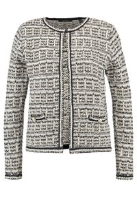 Tweed, svart och vit cardigan med rund halsringning, texturerat mönster, två framfickor och dekorativa pärlaccent på ficklocken.