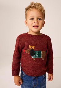 Bordeauxfärgad stickad tröja med rund halsringning har en lekfull renformad design, accentuerad med en grön tröja och en röd näsa.