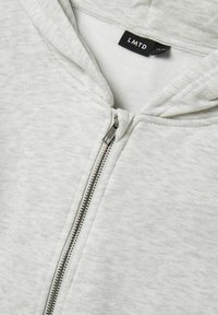Hellgraue Zip-Hoodie aus weichem Stoff, mit Kapuze, metallischem Reißverschluss und einem Etikett mit der Aufschrift "LMTD" im Nackenbereich.
