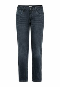 Ciemnoniebieskie dżinsy o prostym kroju nogawki, z pięcioma kieszeniami, tonalnym przeszyciem i klasycznym zapięciem na guzik w talii.