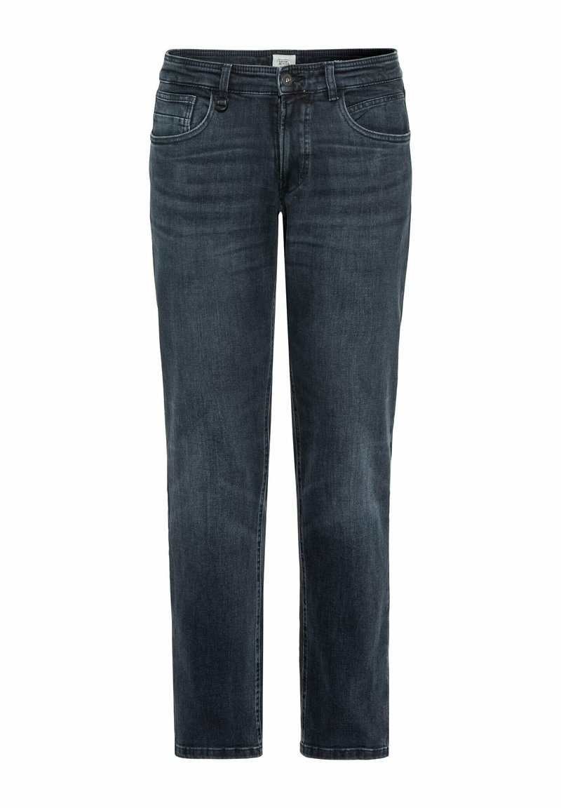 Ciemnoniebieskie dżinsy o prostym kroju nogawki, z pięcioma kieszeniami, tonalnym przeszyciem i klasycznym zapięciem na guzik w talii.