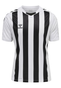 Zwart-wit gestreepte sporttrui van lichtgewicht stof, met een V-halsontwerp en korte mouwen, en een logo op de borst.