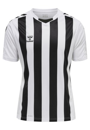 Schwarz-weißer gestreifter Sporttrikot aus leichtem Material, mit V-Ausschnitt und kurzen Ärmeln, versehen mit einem Logo auf der Brust.