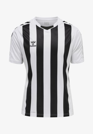 Schwarz-weißer gestreifter Sporttrikot aus leichtem Material, mit V-Ausschnitt und kurzen Ärmeln, versehen mit einem Logo auf der Brust.