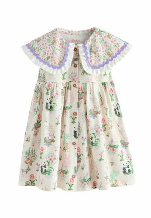 Mädchenkleid in Creme mit Knopfleiste vorne, großem Blumenkragen mit lila und weißen Rüschensaum sowie Panda- und Pflanzenmuster.