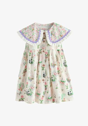 Djevojačka kremasta haljina s gumbima na prednjoj strani, velikim cvjetnim ovratnikom obrubljenim ljubičastim i bijelim naborima, te printom pandi i biljaka.