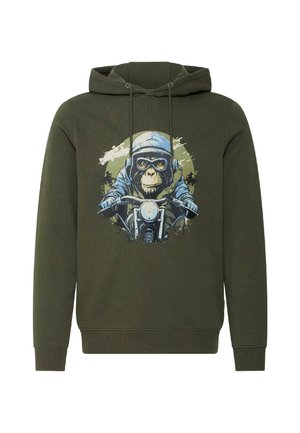 Olivengroene hoodie met een afbeelding van een chimpansee die een helm en een bril draagt en op een motor rijdt tegen een cirkelvormige achtergrond.