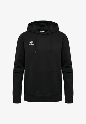 Schwarzer Hoodie aus weichem Stoff, mit einer vorderen Kängurutasche, verstellbarer Kapuze mit Kordelzug und einem kleinen weißen Logo auf der Brust.