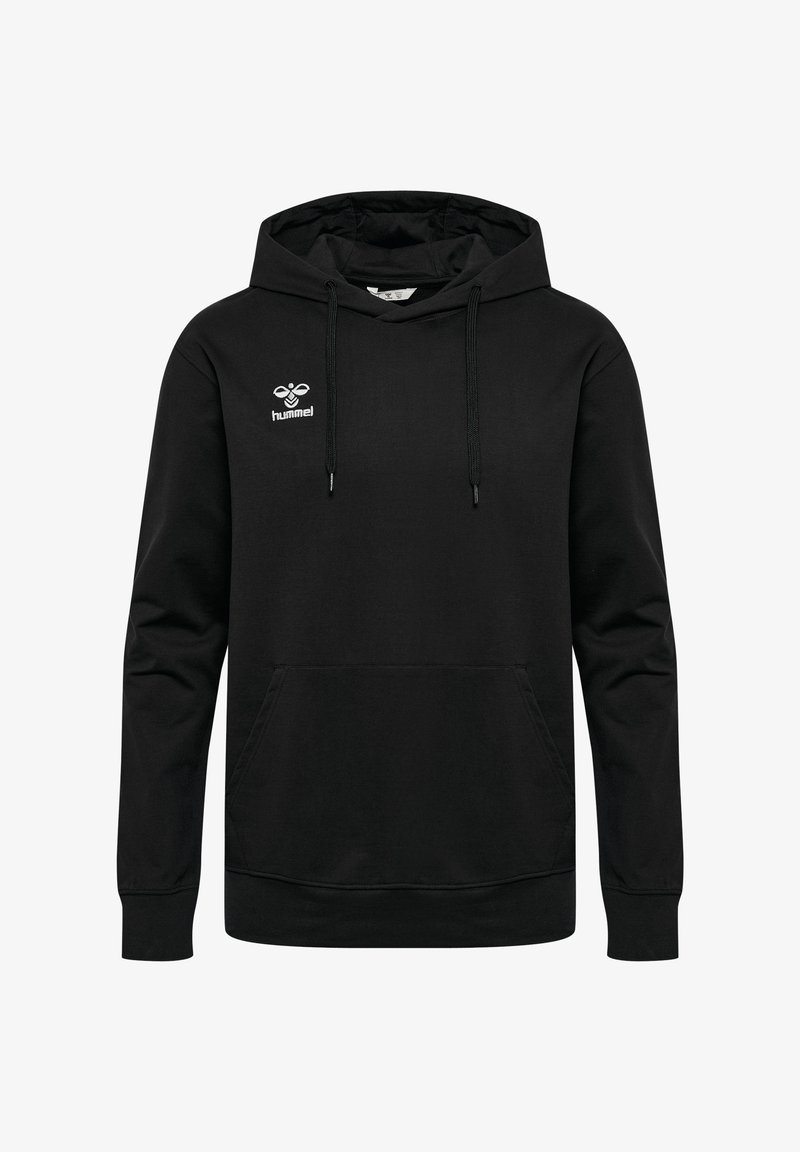 Sudadera con capucha negra de tela suave, con bolsillo canguro frontal, capucha ajustable con cordón y un pequeño logotipo blanco en el pecho.