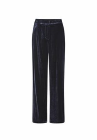 Pantaloni a gamba larga in velluto blu navy con vita elasticizzata e coulisse. Texture liscia e design a lunghezza intera, adatti per un abbigliamento casual.