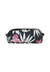Trousse à crayons florale avec un fond sombre, présentant de grandes orchidées roses et des feuilles vertes, de forme rectangulaire et avec fermeture éclair.
